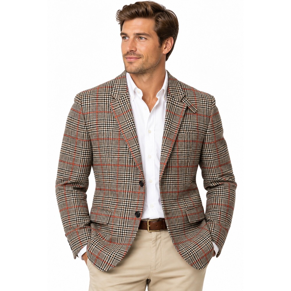 Brooks Brothers Milano Moon Wool Sport Coat Mens Size 44L Plaid Glen Plaid Brown